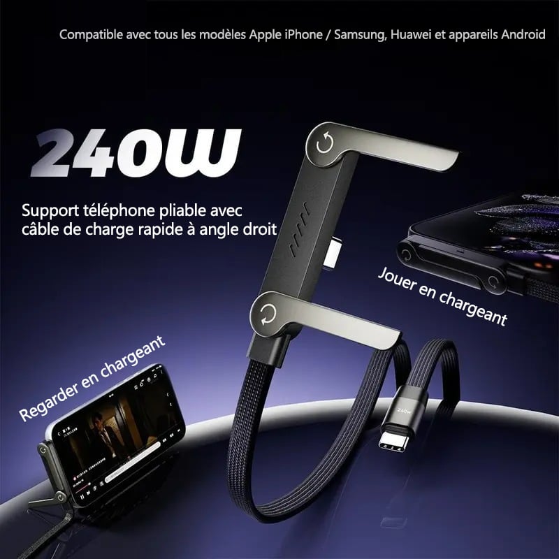 ⚡ CÂBLE DE CHARGE ULTRA-RAPIDE 240W AVEC SUPPORT INTÉGRÉ – PUISSANCE MAXIMALE & CONFORT MAINS LIBRES 🔥